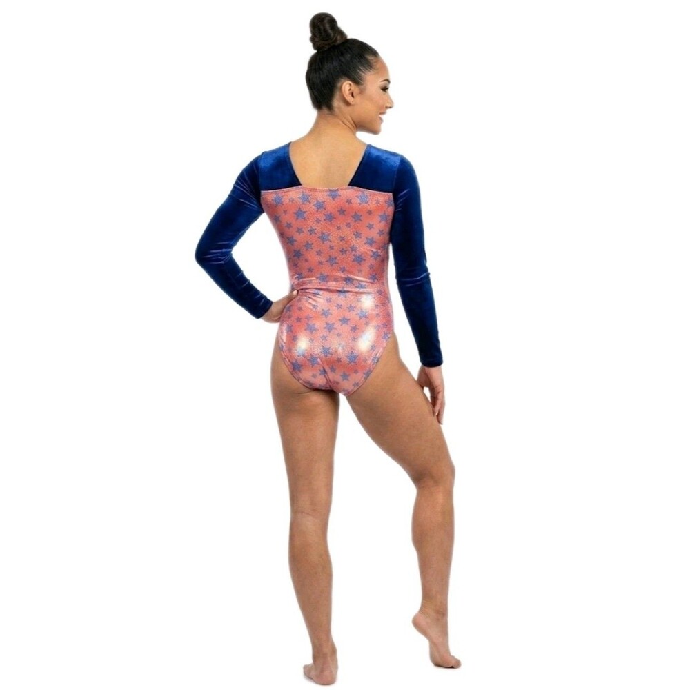 GK Elite VTG Shimmering Patriotic Holographic LS Velvet Leotard Red Blue Size AM - Picture 2 of 16